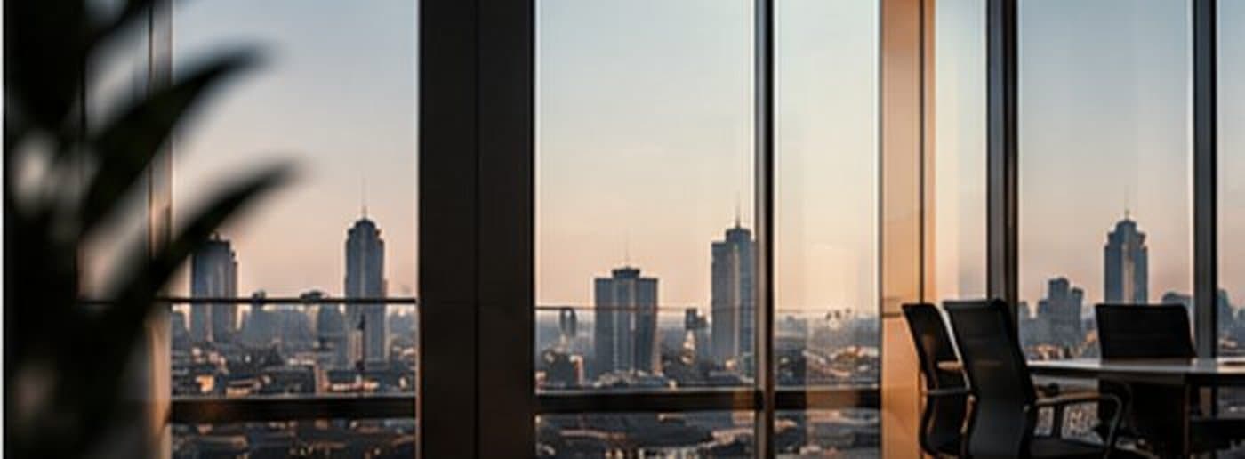 A business meeting room overlooking a city skyline