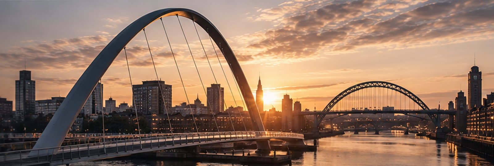 The Millennium Bridge and Tyne Bridge over the River Tyne at sunset