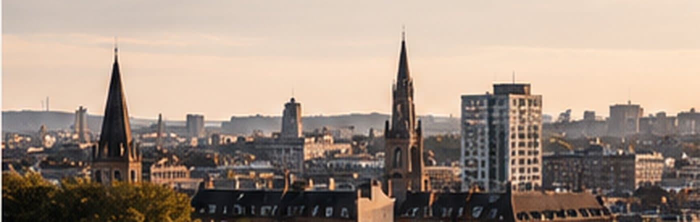 A UK town landscape at golden hour